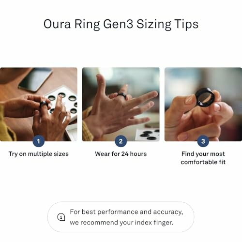 Oura Ring Gen3 sizing guide with three steps: try multiple sizes, wear for 24 hours, find comfortable fit.